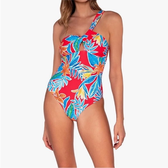 Sunsets One Piece Swimsuit Floral Tiger Lily Red Blue Tropical Beach Size Large - Picture 1 of 13